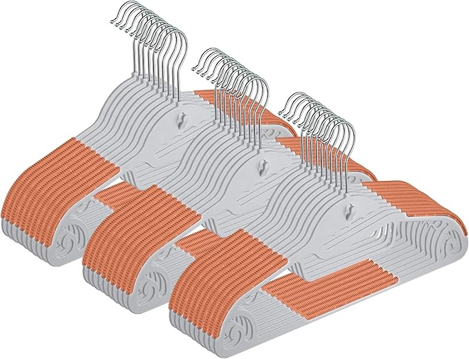 Hangers, Non-Slip, Clothes Hangers, Set of 30, Ultra Thin, Multi-Functional Storage, No Stretch Collar, Space Saving, 360 Degree Swivel Hook, Bendable, Load Capacity, Dry and Wet Use, Orange