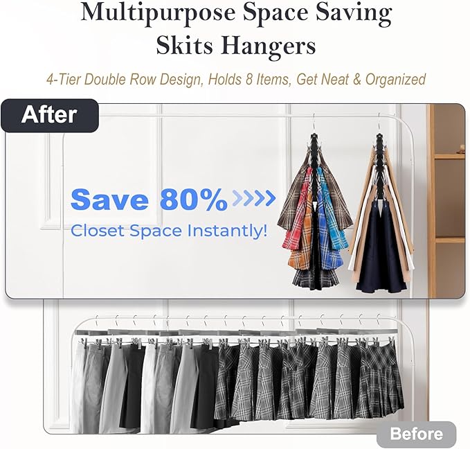 HOUSE DAY Skirt Hangers Space Saving 1 Pack, Double Row 4-Tier Non-Slip Hangers with Clips for Skirts, Shorts, and Pants - Lotus Wood Clip Hanger for Women - Closet Organizers and Storage (Black)