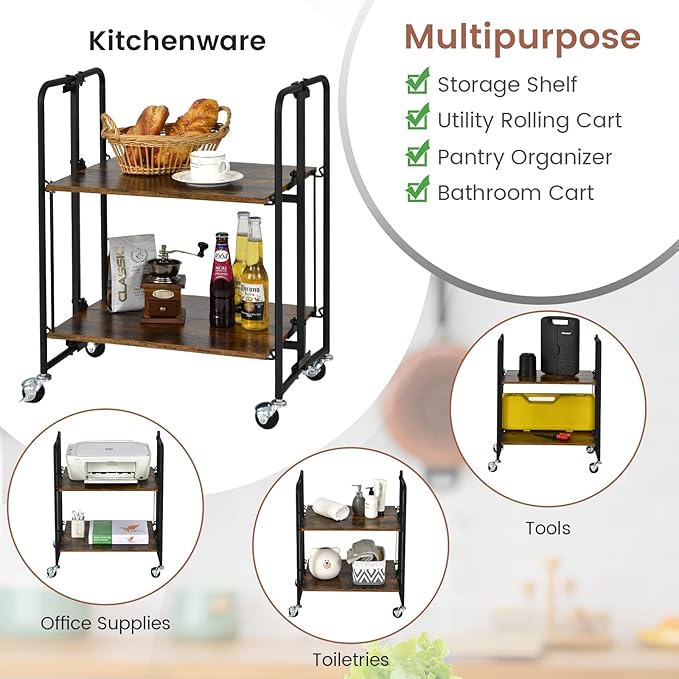 Giantex Foldable Storage Shelves with Wheels, No Assembly 2-Tier Rolling Cart, 2 of The Wheels Have Locks, Microwave Utility Cart Baker Rack, Portable Storage Rack w/Metal Frame, for Kitchen, RV