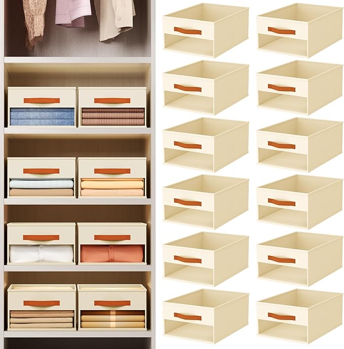 Drawer Organizers and Storage - 12 Pack Foldable Pants Organizer with Clear Window & Handles, Fabric Closet Organizer for Clothes, Jeans, Sweaters, Towels, T-shirt, Scarf (Beige)