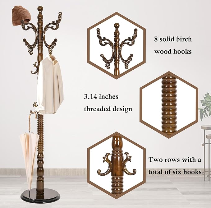 Coat Rack Stand, Solid Wooden Coat Tree with 14 Hooks, Heavy Duty Coat Rack Freestanding with Sturdy Round Base, Natural Birch Wood Coat Hanger Stand for Entryway Bedroom (Light Brown H9)