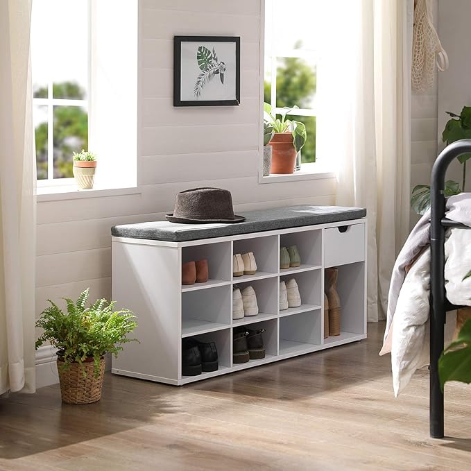 VASAGLE CUSTOS Collection - Storage Bench, Entryway Bench with Cushion, Drawer and Open Compartments, Bench with Storage, Living Room, Bedroom, Closet, White and Gray ULHS24WT