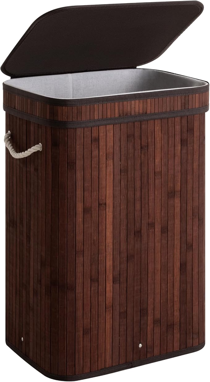 StorageWorks Laundry Hamper with Lid, Foldable Bamboo Laundry Basket, Clothes Hamper with Handles, Organizer and Storage for Laundry Room, Bedroom, Dorm, Brown