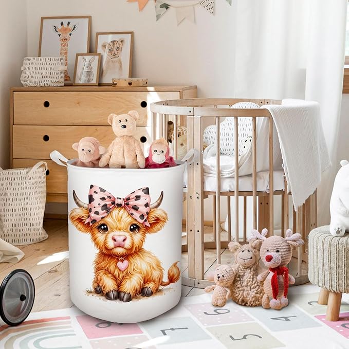 Highland Cow Baby Nursery Laundry Basket, Toybox for Girls Room, Pink Leopard Bow Cow Laundry Basket Waterproof Collapsible Clothes Toys Storage Bin Organizer for Kids Room Playroom Bathroom