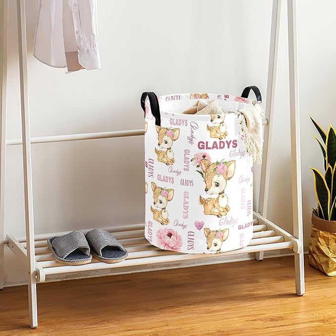 Large Custom Name Laundry Hamper, Deer Personalized Dirty Clothes Hamper Storage Basket with Name for Bathroom Bedrooms, Customized Name Circular Hamper with Handles for Baby Boys Girls Men Women