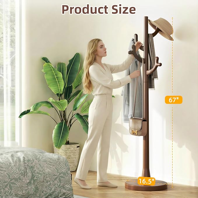 CozyDH Walnut Premium Solid Wood Freestanding Coat Rack, 4 Hooks Creative Tree Branch Look, Sturdy Standing Coat Tree for Entryway Bedroom Hallway Home Decor