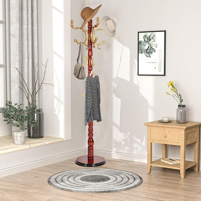 Wooden Coat rack freestanding, Coat racks stand with 14 Hook, Heavy duty coat tree standing 3 Adjustable Heights for Bedroom, Entryway, Hallway, Office,Stury Base (Begonia)