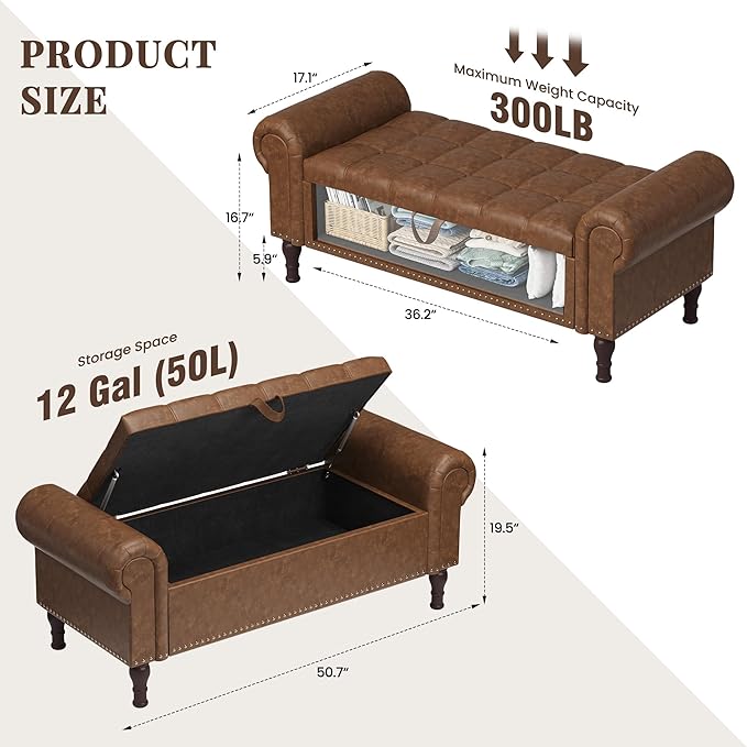 YOUDENOVA 51" Entryway Bench with Storage, PU Leather Storage Bench Chest with Tufted Button, Upholstered Storage Ottoman Bench with Rolled Arms for Bedroom, Living Room, Storage Room, Brown