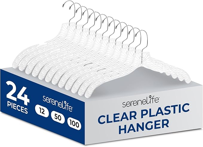 SereneLife 24 Pack Transparent Plastic Hangers, Crystal Clear, Non-Slip with Notched Shoulders, Ultra-Thin Space Saving, Closet & Retail Use, with Swivel Hook for Clothes, Shirts, Dresses, Jackets