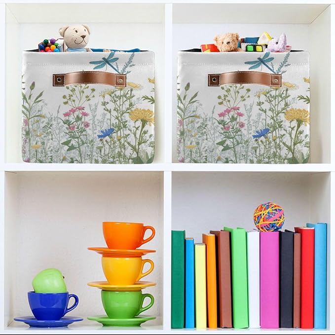 Colorful Herbs And Flowers Storage Baskets,Decorative Collapsible Rectangular Canvas Fabric Storage Bin for Home, 2PACK