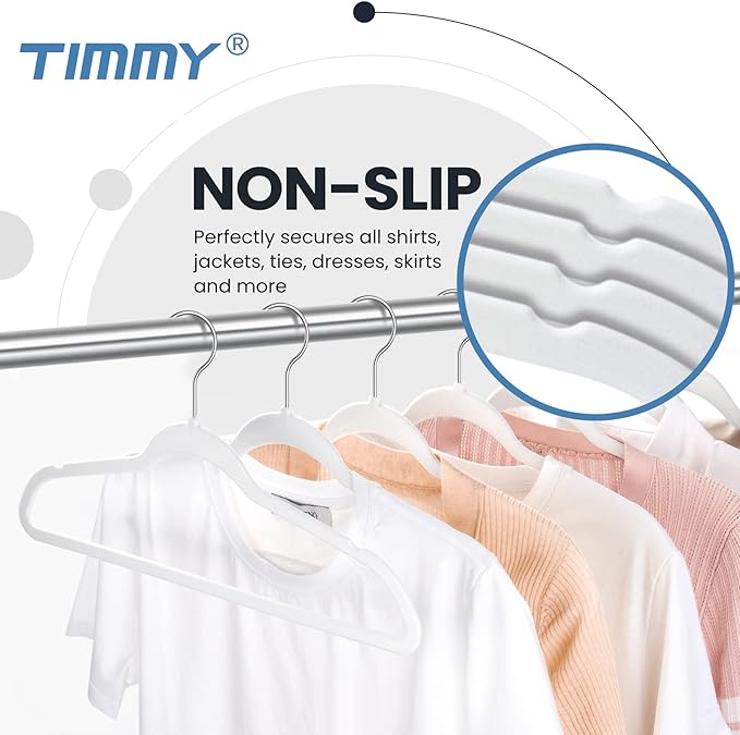 TIMMY Non-Slip Velvet Hangers - Suit & Coat (50-Pack) Ultra Thin Space Saving Heavy Duty Hangers Hold Up-to 10 Lbs - White/Silver