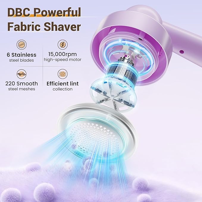 DBC Rechargeable Fabric Shaver and Lint Remover,2.7" Sweater Shaver with 3-Speeds and 6-Leaf Blades, 2hours runtime, 2 Replaceable Blades, Battery Operated,Remove Pilling, Furniture,Fuzz,Lint Ball
