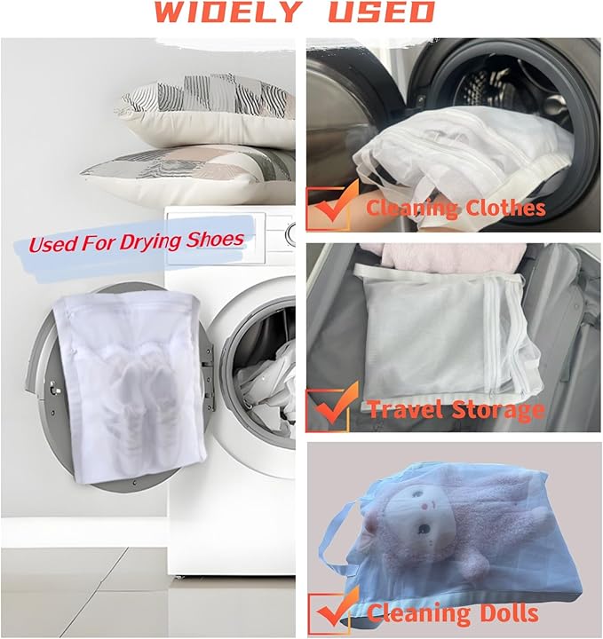 Sneaker Wash & Dry Net Bag for Dryer, Reused Laundry Bag, 15.7x13.8 Inch Large HoneyComber Mesh Bags with Zipper and Strap for Shoes, Clothing (1pcs Double Layer)