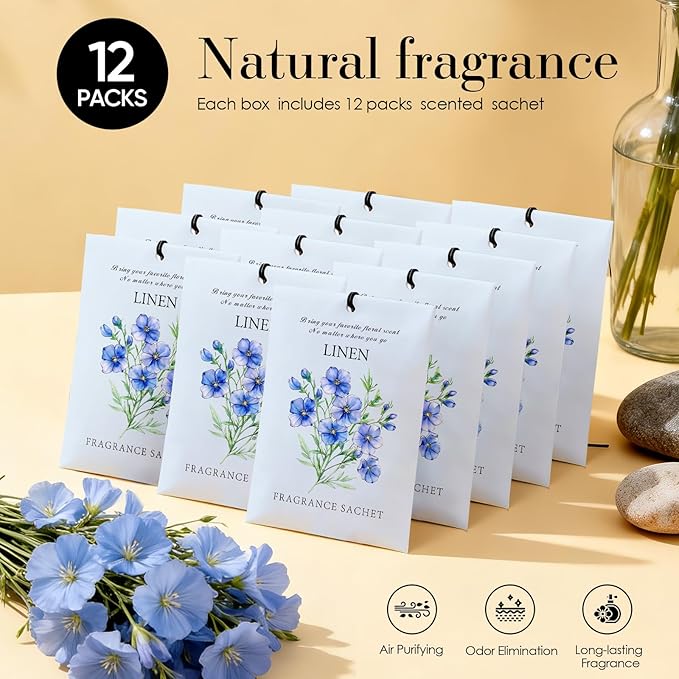 Linen Scented Sachet Bags - 12 Pack Closet & Drawer Freshener, Long Lasting Odor Eliminator for Wardrobes, Cars & Storage, Home Fragrance Air Freshener Sachets
