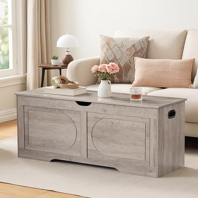 Storage Chest, 47.2” Toy Box, Entryway Storage Trunk, Shoe Bench with Storage, Engineered Wood Storage Cabinet with 2 Safety Hinges, Entrance Bench for Living Room, Grey SCGY2201