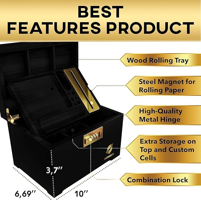 HOVANZO Premium Large Bamboo Storage Box with Removable Tray - Storage Wood Box for Herbs and Accessories - Storage Box Set with Combination Lock - Smell Proof Container with Accessories