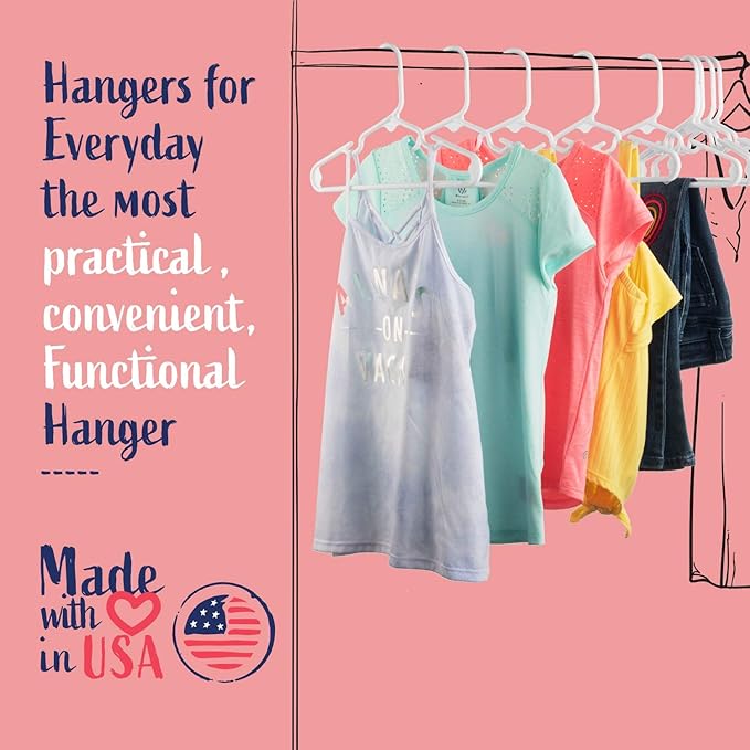 USA Made Premium Children's Clothes Hangers - Very Durable Heavy Duty Tubular Kids Hangers Plastic, Baby Hangers for Closet, 60 Pack (White)