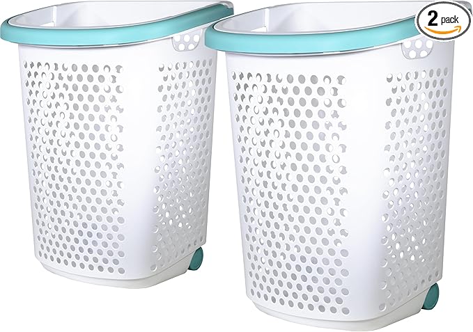 (2-Pack) 2 Bushels Wheeled Plastic Laundry Basket, Lightweight and Flexible, Equipped with Handles, Easy to Clean, Suitable for use in Homes, Dormitories, Bathrooms and Laundry Rooms.