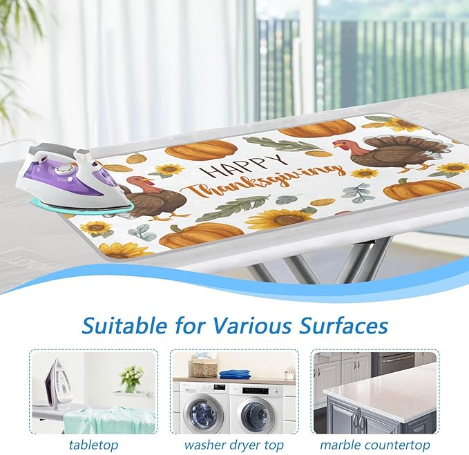 Ironing Mat Pad for Table Portable Travel Iron Blanket Ironing Board Covers Pressing Mat Heat Press Pads 27.6x47.2 Inches Thanksgiving Turkeys Sunflowers White37
