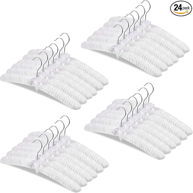 Jetec 24 Pieces Satin Padded Hangers with 360° Swiveling Hook Sponge Shoulder Pads Hanger for Coat, Sweaters, Blouse, Wedding Dress, Women Cloths (White)