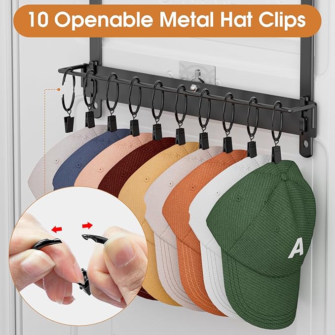 3 Tier Over Door Hat Rack with Basket - Hat Organizer Holder for Baseball Cap with 18 Hooks and 10 Movable Clips,Hat Hanger Storage Holds up to 28+ Caps for Door, Bedroom, Closet (Black)