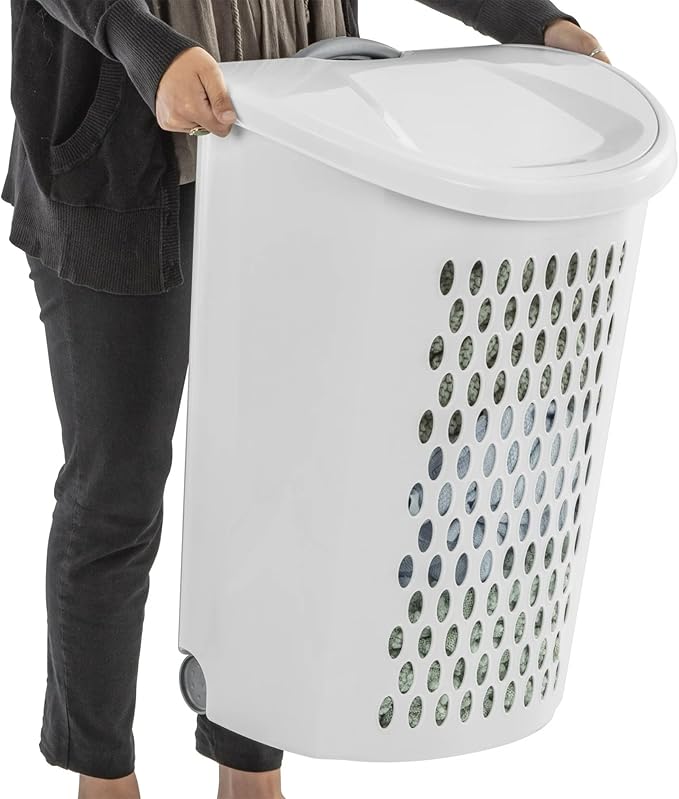 Plastic Laundry Hamper, Adult-Sized White Clothes Basket with Wheels, Large White Plastic Clothes Basket for Home, Dorm or Laundry Room