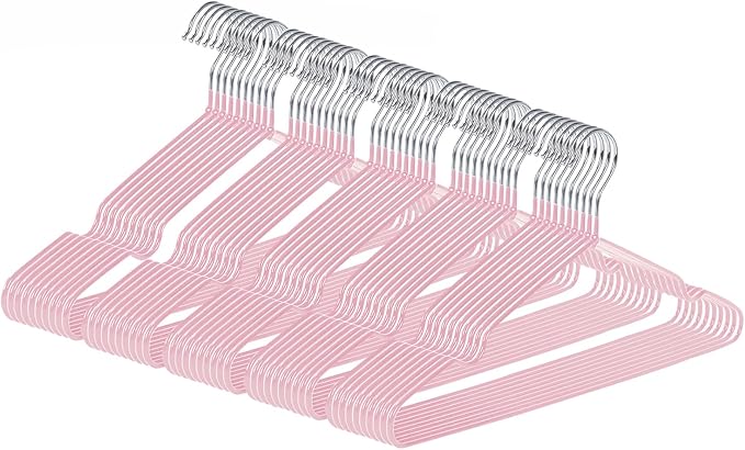 Ultra-Thin Metal Hangers, 50 Pack Non-Slip PVC Coated Space Saving Clothes Hangers for Closet, 16 inch Wide for Suits, Dresses, Jackets（Pink）