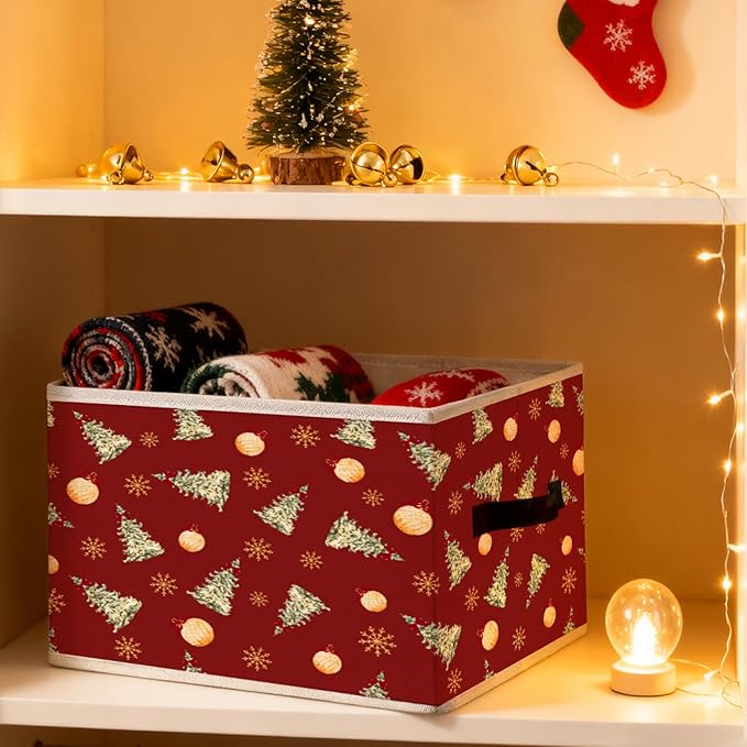 Christmas Tree Storage Bins, Red Christmas Bauble Winter Snowflakes Holiday Foldable Closet Organizers Storage Basket Toybox for Clothes Bed Sheets Blankets Toys