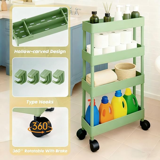 ShellKingdom 4 Tier Bathroom Storage Organizer, Slim Rolling Storage Cart for Narrow Space, Mobile Shelving Unit with Lockable Wheels and Hooks for Bathroom, Kitchen, Laundry Movable Shelf (Green)