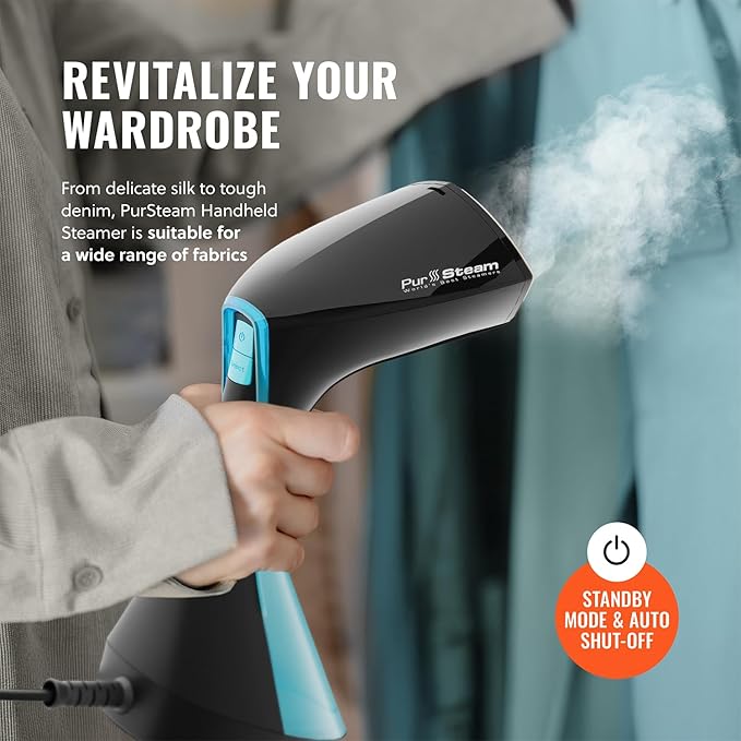 PurSteam Handheld Garment Steamer for Clothes – Powerful Wrinkle Remover with 3 Steam Settings, Large Removable Water Tank, and Fast Heat-Up – Portable Fabric Steamer for Home & Travel (Pack of 2)