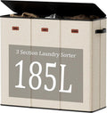 185L Laundry Hamper 3 Section with Lid, Beige Clothes Hamper with 3 Removable Laundry Bags, Large Laundry Basket for Bedroom, Laundry Room, Dorm