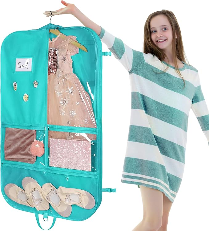 Univivi Kids Garment Bags for Dance Costumes 40 Inch Dance Costumes Bag, 3 Medium Clear Zipper Pockets and 2 Back Zippered Pockets, with 1 xPendant, 3 x Badge - Green