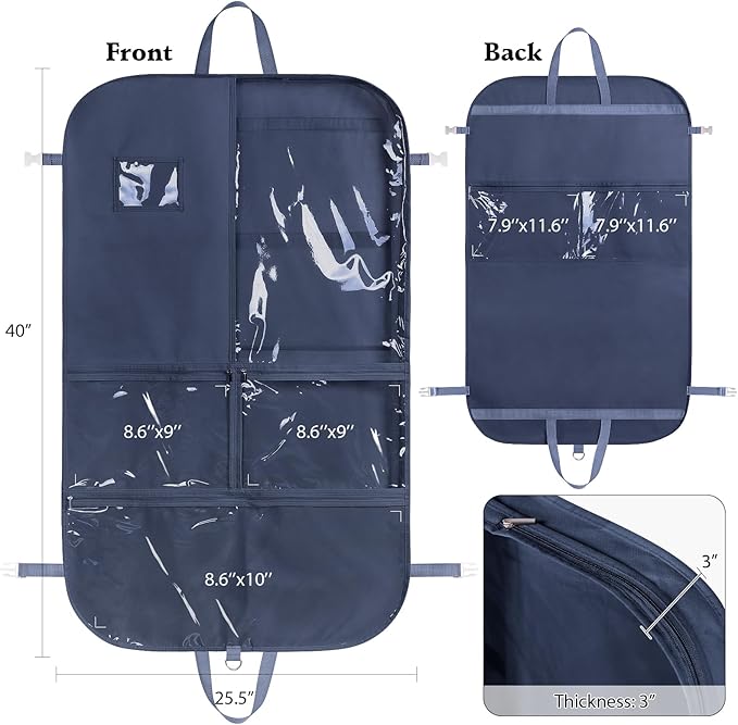 Univivi 40 Inch Kids Garment Bags for Dance Costumes, 3 Medium Clear Zipper Pockets and 2 Back Zippered Pockets for Hanging Clothes, Travel Storage - Navy Blue