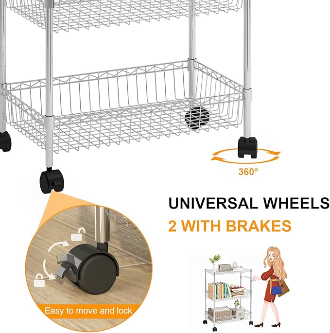 3 Tier Rolling Storage Cart, Adjustable Wire Storage Shelving Unit, Kitchen Cart On Wheels with Basket and Handle, Metal Organizer Wire Rack for Laundry Bathroom Pantry Room, Chrome