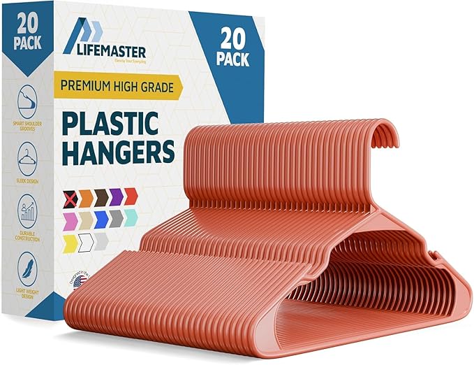 Lifemaster Plastic Clothes Hangers – Heavy Duty Hanger Set, for Organizing Clothes, Dresses, and Coat, Holds Up to 5 lbs, Space-Saving Hangers with Non-Slip Shoulder Grooves, Pack of 20, Dark Brown