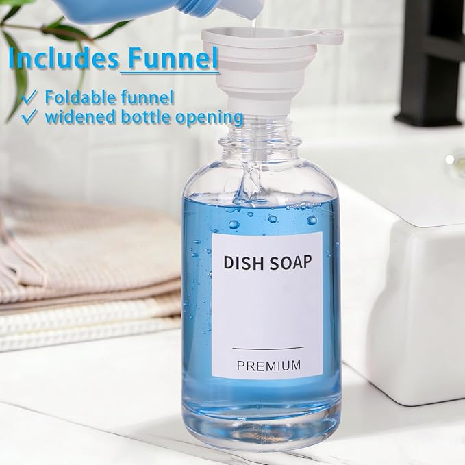 Dish Soap Dispenser for Kitchen, Hand Glass Soap Dispenser Set with Pump, Tray, Funnel for Bathroom, Shower, Laundry, Liquid, Lotion (Gold 2 Pack 18 Oz Clear Bottles with 12 Stickers)