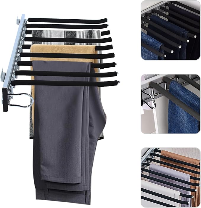 9 Arms Steel Slide Out Pants Rack Closet Pants Hanger Bar Pull Out Trousers Rack Tie Belts Scarf Racks, Wardrobe Clothes Organizers Rail Pull Out Closet Storage Rod-(Left Side Mounts)