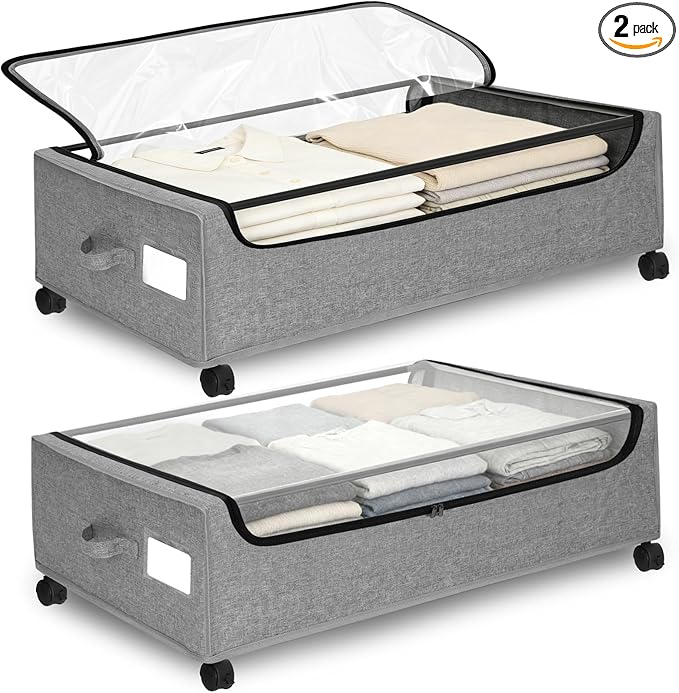 Under Bed Storage with Wheels, 2 Pack Under Bed Storage Containers, 10.6 inches Tall Underbed storage bins on Wheels, Rolling Under the Bed Metal Drawers for Clothes, Blankets, Shoes (XXXL, 90L)