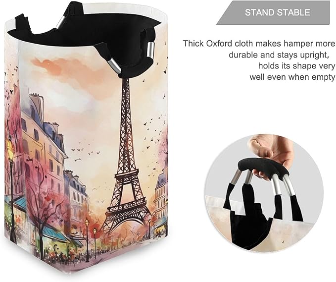 xigua Watercolor Paris Large Laundry Hamper with Handle, Foldable Clothes Hamper Collapsible Storage Basket for Toys and Clothes Organization in Bedroom, Bathroom, and Laundry Room