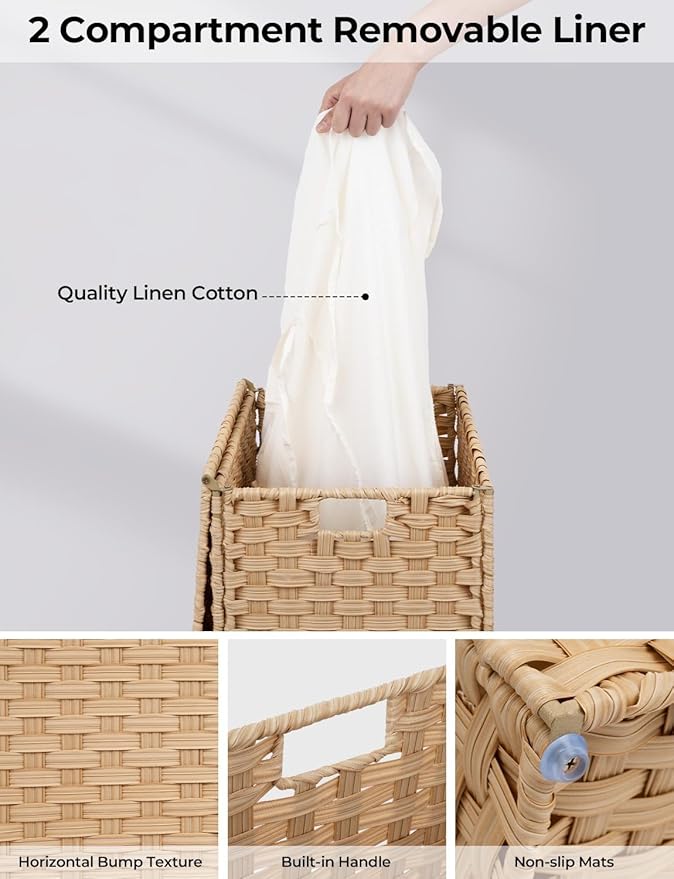 Laundry Hamper with Lid, 90 L Rattan Clothes Laundry Basket with Lid and Handles, Foldable Clothes Hamper, Removable Liner, Goose Yellow