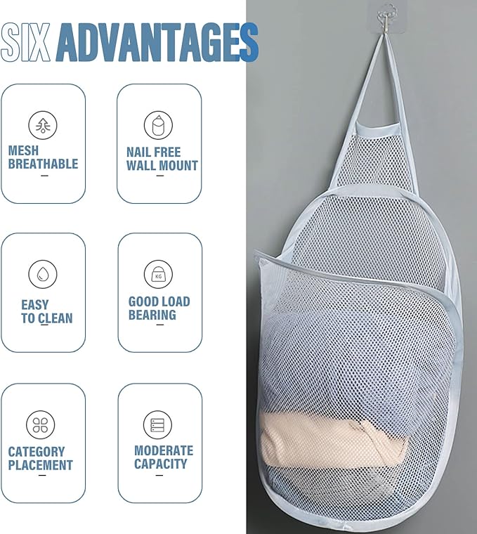 3 Pieces Hanging Laundry Hamper Foldable Mesh Hamper Dirty Cloth Basket with Carry Handle Door net Hampers for Store Cloth, Toy, Camping, Potato Chips,Home and Hotel Use(Grey)