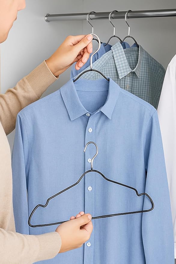 Pack of 48 Heavy Duty Metal Hangers with Shoulder Notch - Stainless Steel Wire Clothes Hangers, Ultra-Thin, Non-Slip, Space-Saving Design for Coats, Shirts, Dresses - Perfect for Closets and Wardrobes