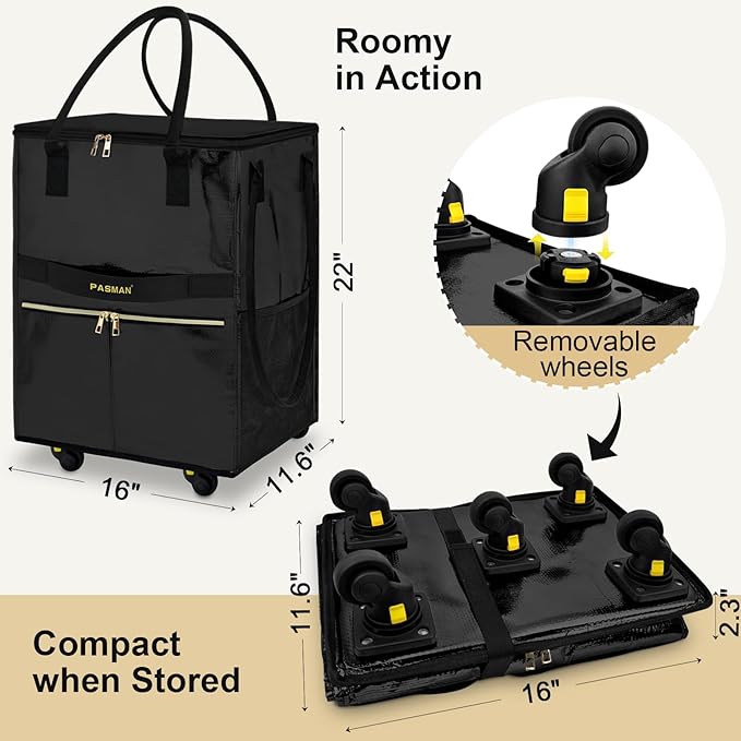 Reusable Grocery Bag on 5 Wheels, Foldable Rolling Tote Bag with Handle and Zipper Cover, 4 Pockets, Heavy Duty Shopping Cart for Laundry, Market & Trave (Black, Medium_67L)