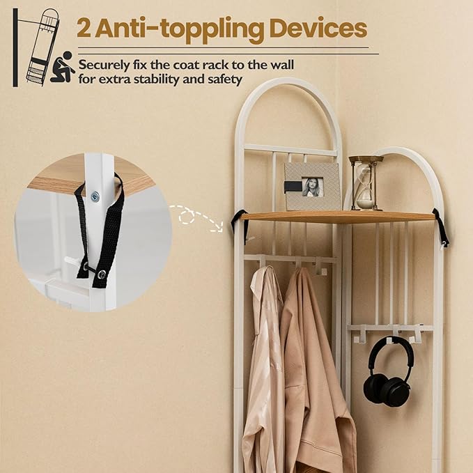 Tangkula Corner Hall Tree, 71 Inch Tall Entryway Coat Rack with Shoe Bench & 4 Storage Shelves, 6 Movable Hooks, Freestanding Metal Corner Clothes Rack for Bedroom Hallway Living Room