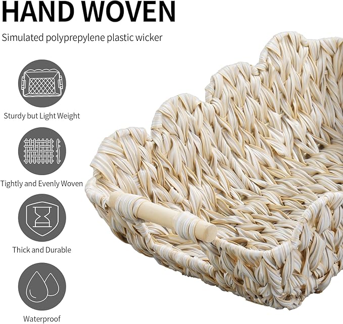 Small Scalloped Basket,Boho Decortive Wicker basket with Wooden Handle,Hand-Woven Wicker Storage Baskets for Organizing,Shelves,Snack,Display,2 Pack