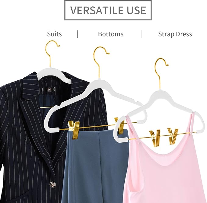 MIZGI Premium Velvet Pants Hangers with Adjustable Clips (Pack of 10) Slim Skirt Hangers- Non Slip Felt Outfit Dress Hangers White - Gold Hooks,Space Saving Shirt Clothes Hangers
