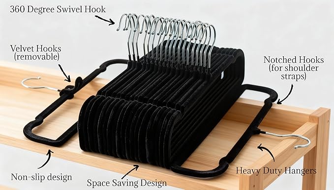 50 Velvet Pants Hangers with 20 Velvet Hooks – Non-Slip Flocked Slim Space Saving Clothes Hangers with 360° Swivel Silver Hook, Heavy Duty for Jeans, Pants, Tank Tops & Closet Organization