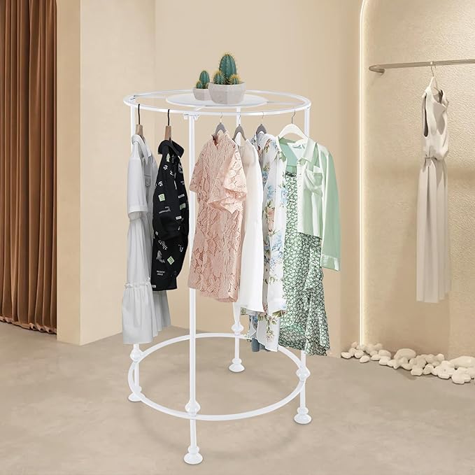 YIYIBYUS Round Garment Rack, Floor Standing Iron clothes Hanging Rack with Topper, Suitable for Large Shopping Malls Retail, Clothes Boutique Display Laundry Rooms (White)
