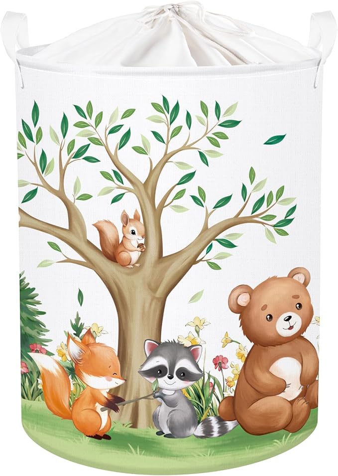 Forest Animals Laundry Hamper Woodland Tree Large Storage Basket Parents Organizer Kids Clothes Toy Bins for Bedroom, Bathroom, Bear, 63L