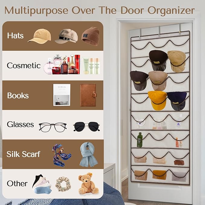 LoforHoney Hat Organizer for Baseball Caps, Over The Door Hat Rack with 24 Deep Pockets, 3 Hooks, Visible Hat Holder, Beige